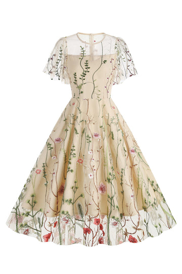 Abrikos A Line Trykt Tyl 1950'er Kjole med korte ærmer